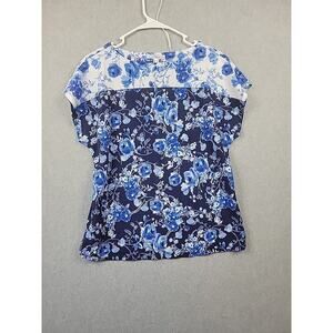 Isaac Mizrahi Live! Blue Floral Duo Print Pebble Knit SS Blouse Women's XS